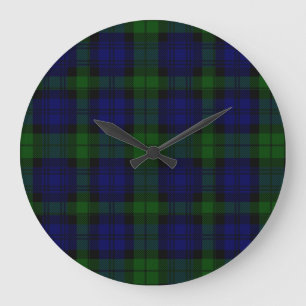 Black Watch clan tartan blue green plaid Large Clock