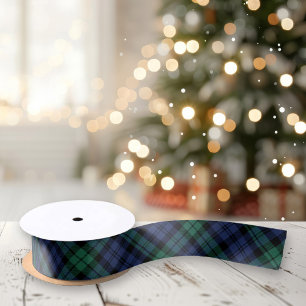 Black Watch Diagonal Tartan Plaid Green Navy Satin Ribbon