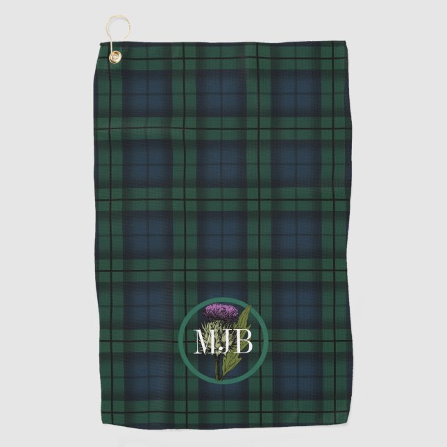 Black Watch Plaid Tartan Scottish Thistle Monogram Golf Towel (Front)