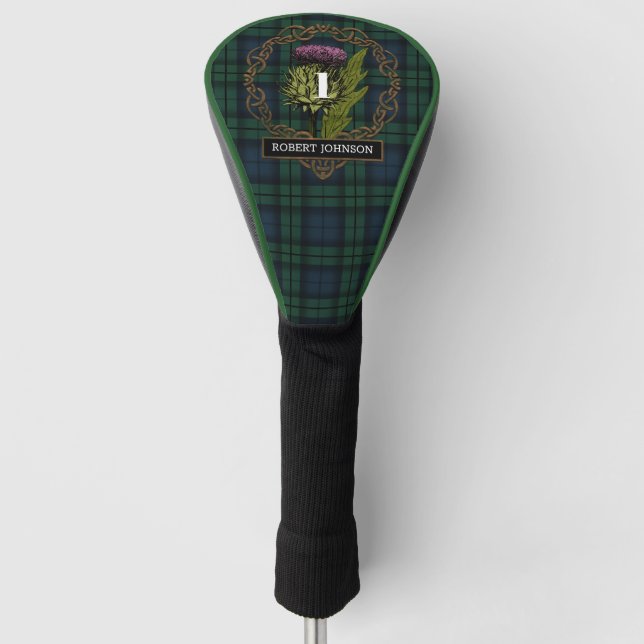 Black Watch Plaid Tartan Scottish Thistlle Name Golf Head Cover (Front)