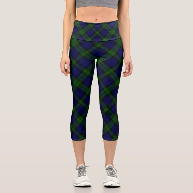 Black Watch Tartan Blue Green Plaid Capri Leggings (Front)