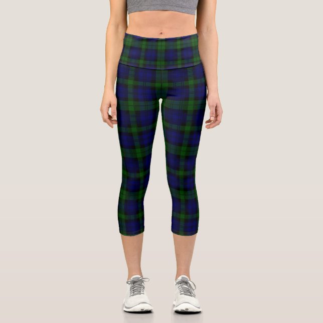 Black Watch Tartan Blue Green Plaid Capri Leggings (Front)