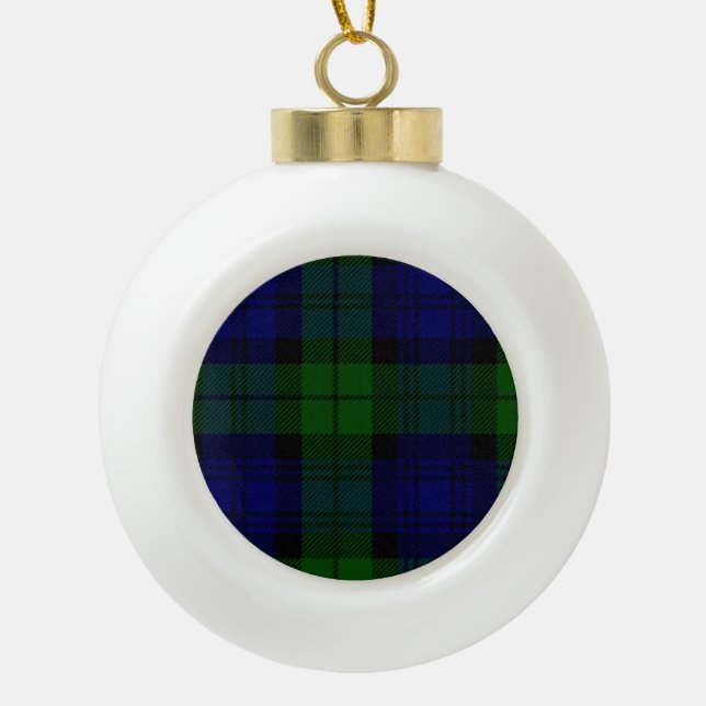 Black Watch Tartan Blue Green Plaid Ceramic Ball Christmas Ornament (Front)