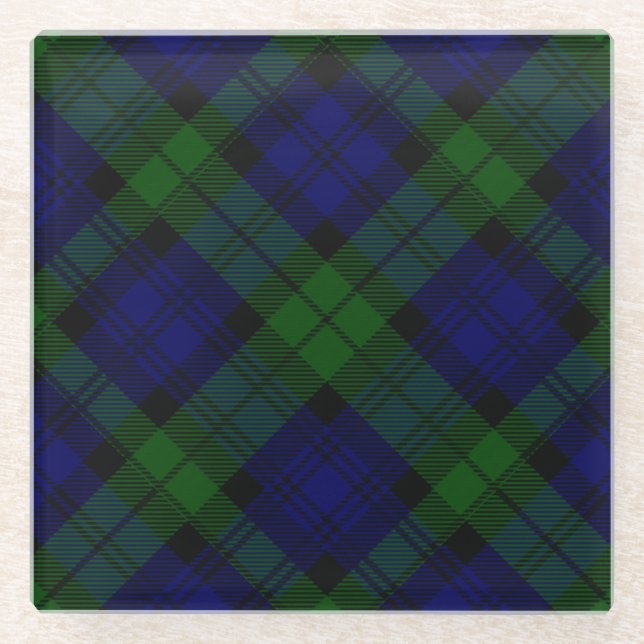 Black Watch Tartan Blue Green Plaid Glass Coaster (Front)