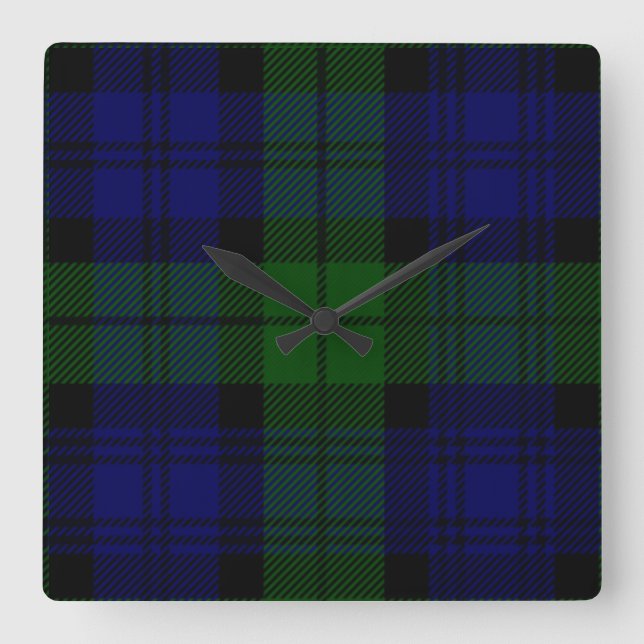 Black Watch Tartan Blue Green Plaid Square Wall Clock (Front)