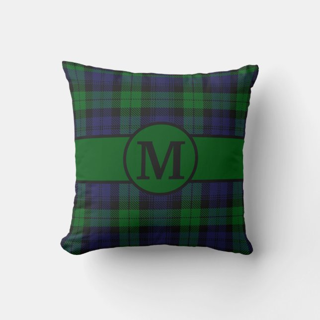Black Watch Tartan Plaid Monogram Personalise Cushion (Front)