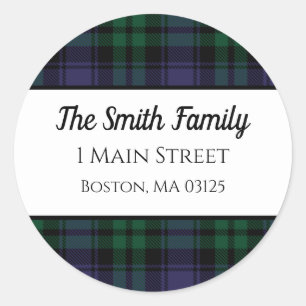 Black Watch Tartan, Plaid Return Address Classic Round Sticker