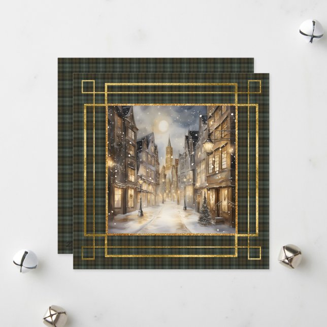 Black Watch Weathered Scottish Tartan Christmas  Holiday Card (Front/Back In Situ)
