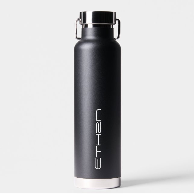Black water bottle personalised with your name. (Front)