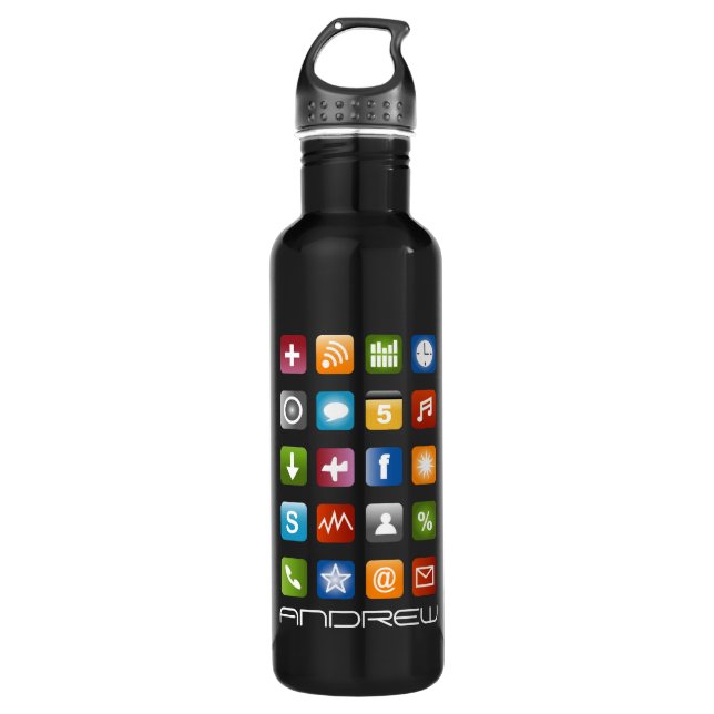Black water bottle with colourful computer app ico (Front)