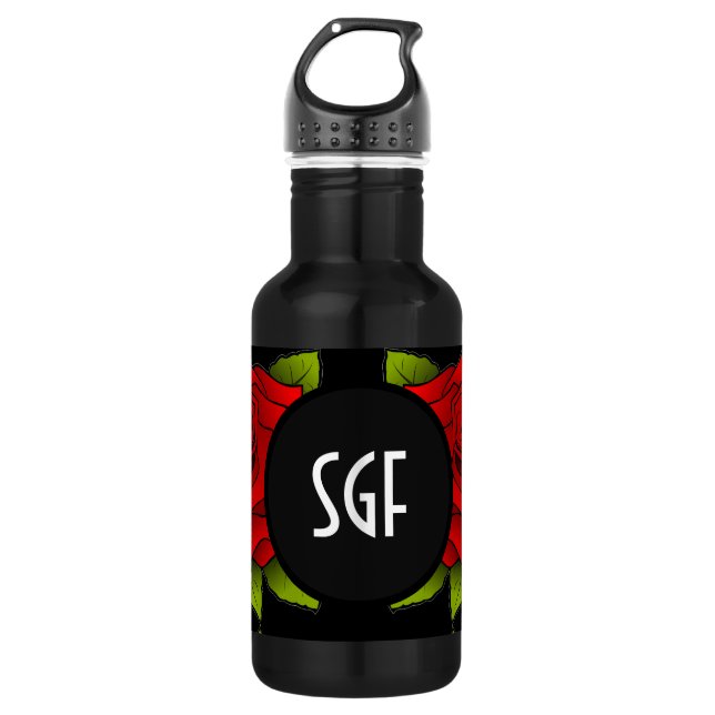 Black Water Bottle with Red Rose Flower Pattern (Front)
