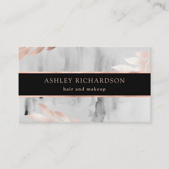 Black Watercolor and Faux Rose Gold Leaves Business Card (Front)