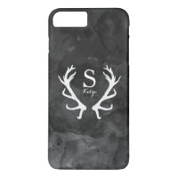 Black Watercolor and Rustic Deer Antlers Monogram
