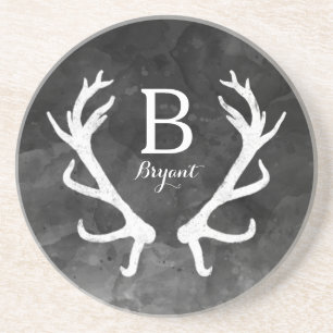 Black Watercolor and Rustic Deer Antlers Monogram Coaster