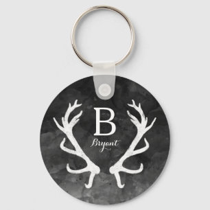 Black Watercolor and Rustic Deer Antlers Monogram Key Ring