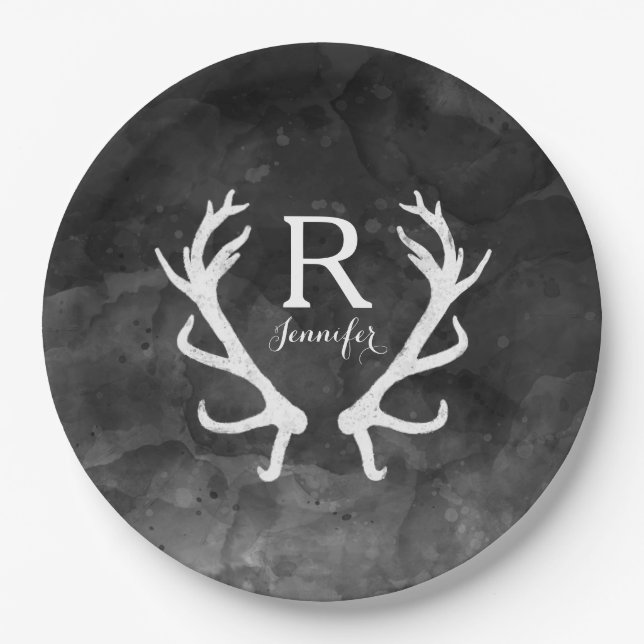 Black Watercolor and Rustic Deer Antlers Monogram Paper Plate (Front)