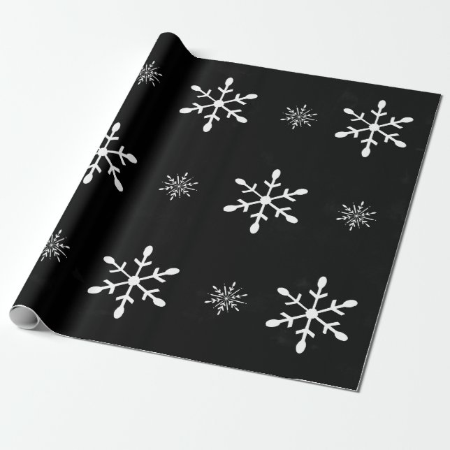Black Watercolor and White Snowflakes | Christmas Wrapping Paper (Unrolled)