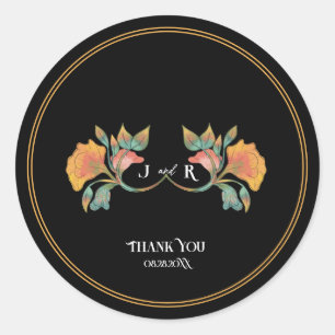 Black Watercolor Art Nouveau Wedding Classic Round Sticker