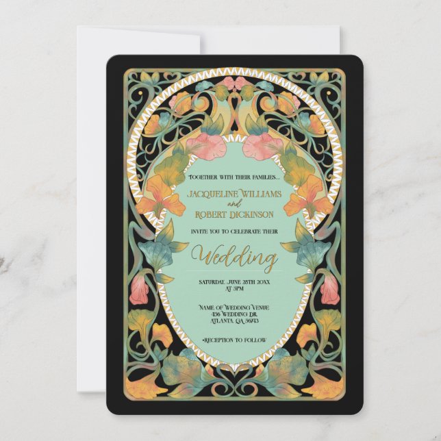 Black Watercolor Art Nouveau Wedding Invitation (Front)