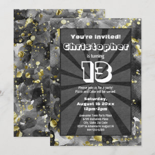 Black Watercolor Art Teen Boys Birthday Party Invi Invitation