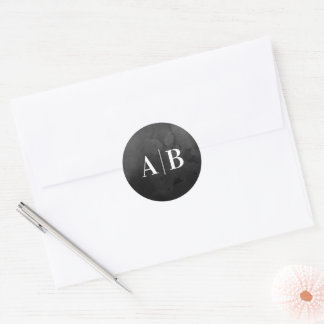 Black Watercolor Background Wedding Monogram Classic Round Sticker
