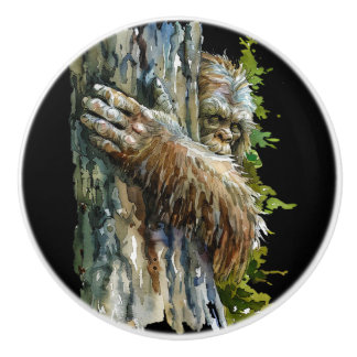 Black Watercolor Bigfoot Hiding Forest Ceramic Knob