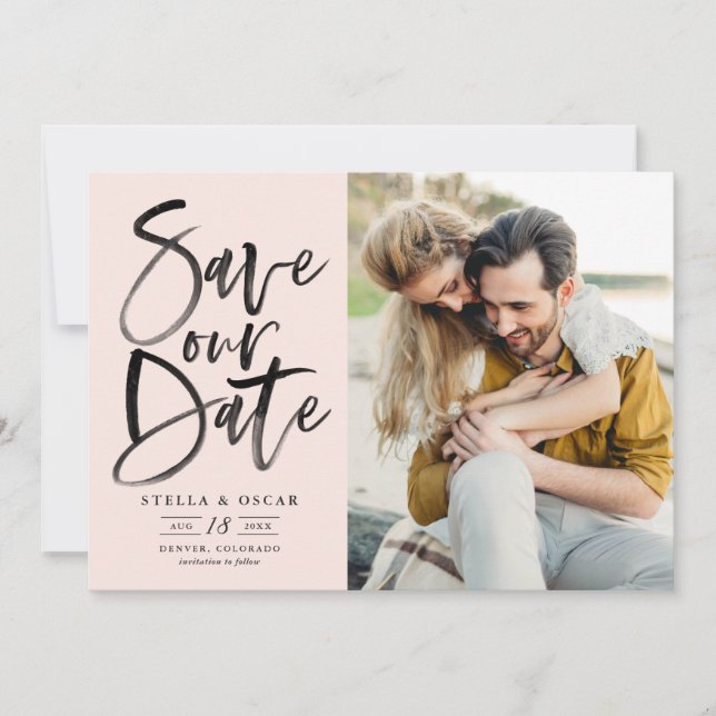 Black Watercolor Brush Calligraphy Photo Save The Date (Front)
