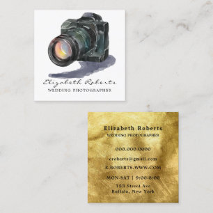 Black Watercolor Camera Gold Wedding Photographer Square Business Card