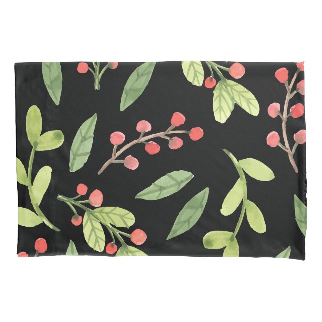 Black Watercolor Christmas Mistletoe Pattern Pillowcase (Front)