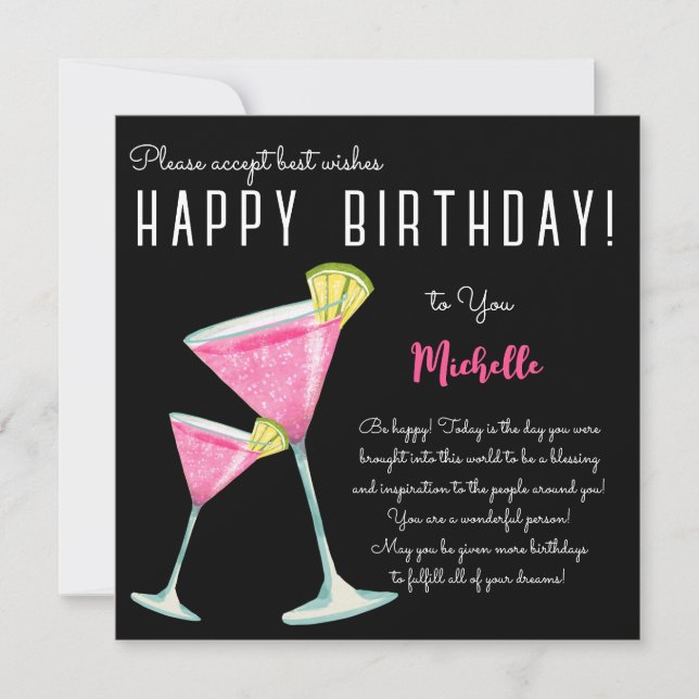 Black Watercolor Cocktail happy birthday Card (Front)