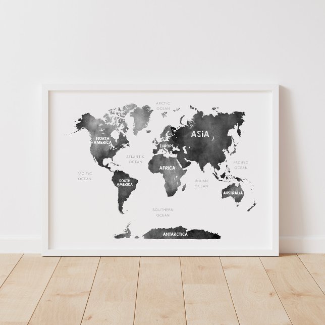 Black Watercolor Continents & Oceans World Map Poster (Creator Uploaded)