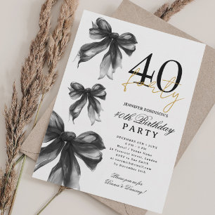 Black Watercolor Coquette Bow 40th Birthday Party Invitation