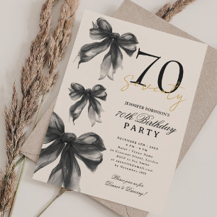 Black Watercolor Coquette Bow 70th Birthday Beige Invitation
