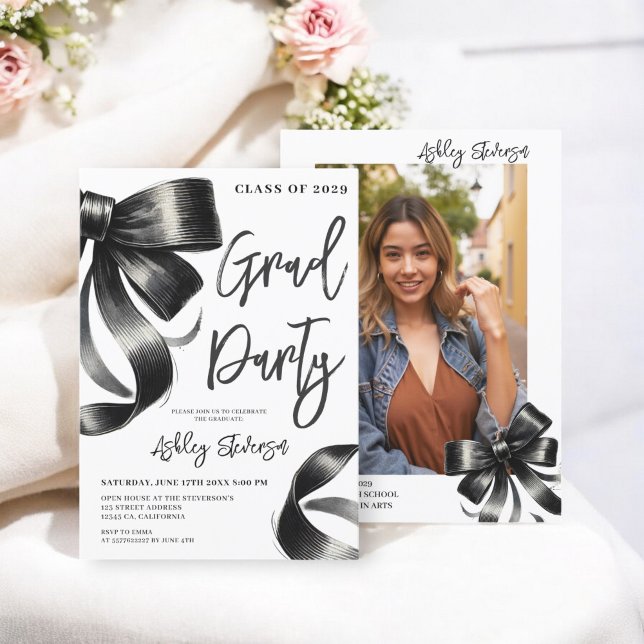 Black Watercolor Coquette Bow Graduation Photo Invitation (Black Watercolor Coquette Bow Graduation Photo Invitation)