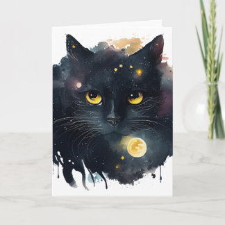 Black Watercolor Cosmic Cat with Yellow Eyes Card