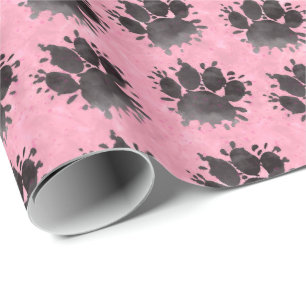 Black Watercolor Dog Paw Print Pattern Custom Pink Wrapping Paper