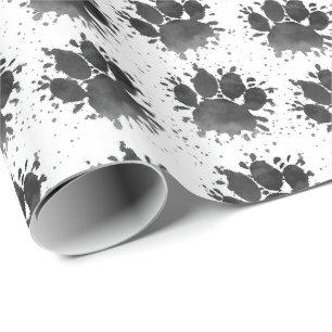 Black Watercolor Dog Paw Print Pattern Custom Wrapping Paper
