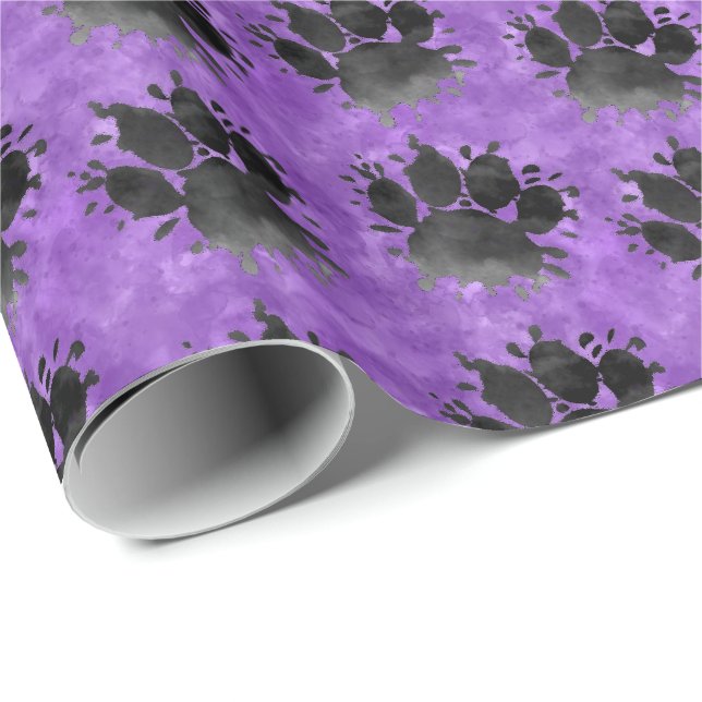 Black Watercolor Dog Paw Print Pattern Purple Wrapping Paper (Roll Corner)