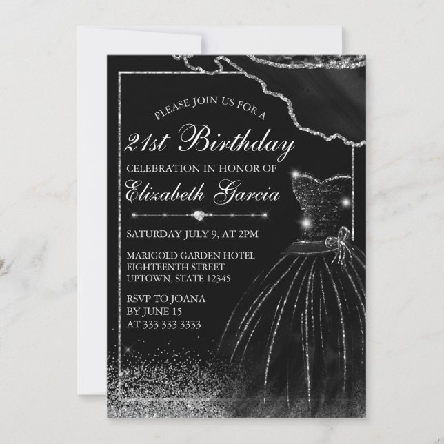 Black Watercolor Dress & Glam Edge 21st Birthday Invitation (Front)