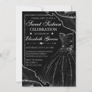 Black Watercolor Dress & Glitter Agate Sweet 16 Invitation