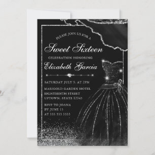 Black Watercolor Dress & Silver Glam Edge Sweet 16 Invitation