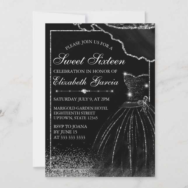 Black Watercolor Dress & Silver Glam Edge Sweet 16 Invitation (Front)