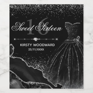 Black Watercolor Dress & Silver Glitter Sweet 16 Wine Label