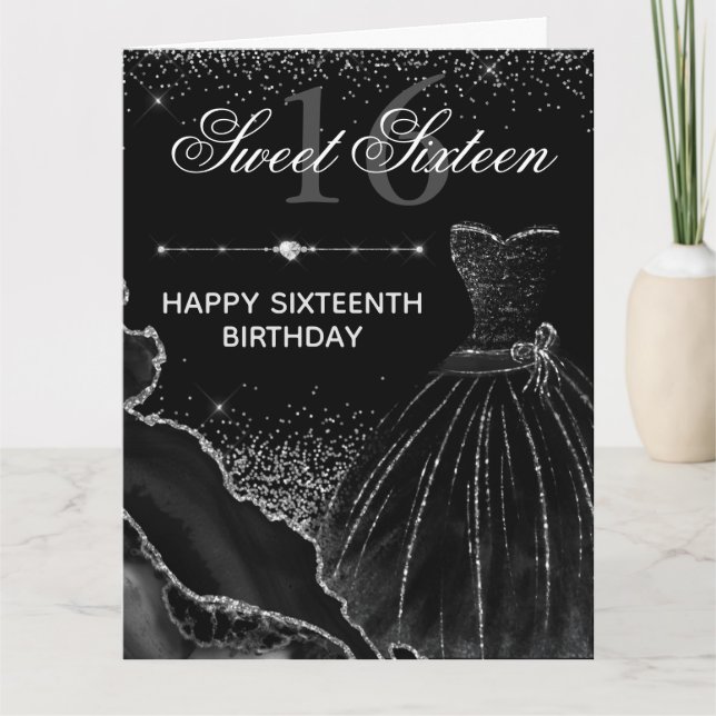 Black Watercolor Dress Sweet 16 Birthday Card (Front)