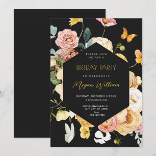 Black Watercolor floral elegant birthday Invitation