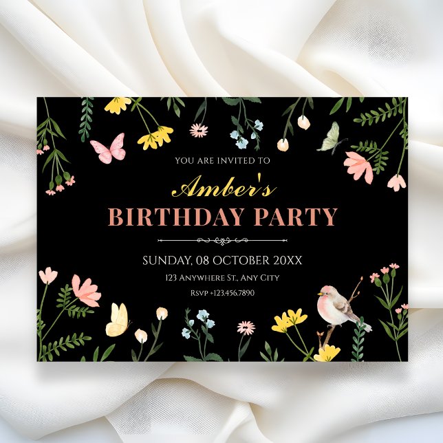 Black Watercolor floral spring birthday Invitation (Creator Uploaded)