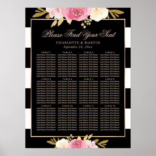 Black Watercolor Floral Wedding Seating Chart 12 (Front)
