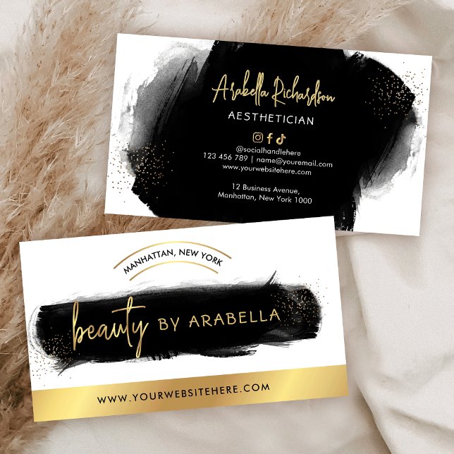 Black Watercolor & Gold Makeup Lashes Beauty Salon Business Card (Black watercolor and faux gold beauty salon business cards design)