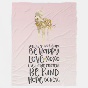 Black Watercolor Inspirational Gold Unicorn Fleece Blanket