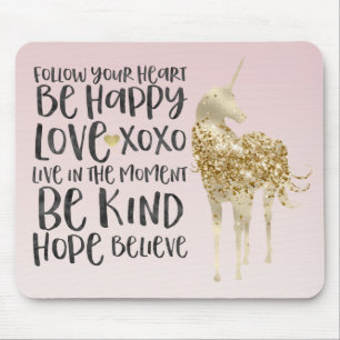 Black Watercolor Inspirational Gold Unicorn Mouse Mat